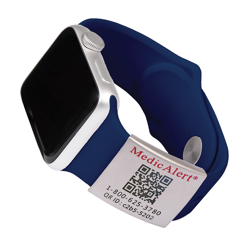 Shop Smart IDs - Image of stainless steel slide on an Apple Watch band. On the slide is the MedicAlert logo and a QR code that links to the user's medical record.